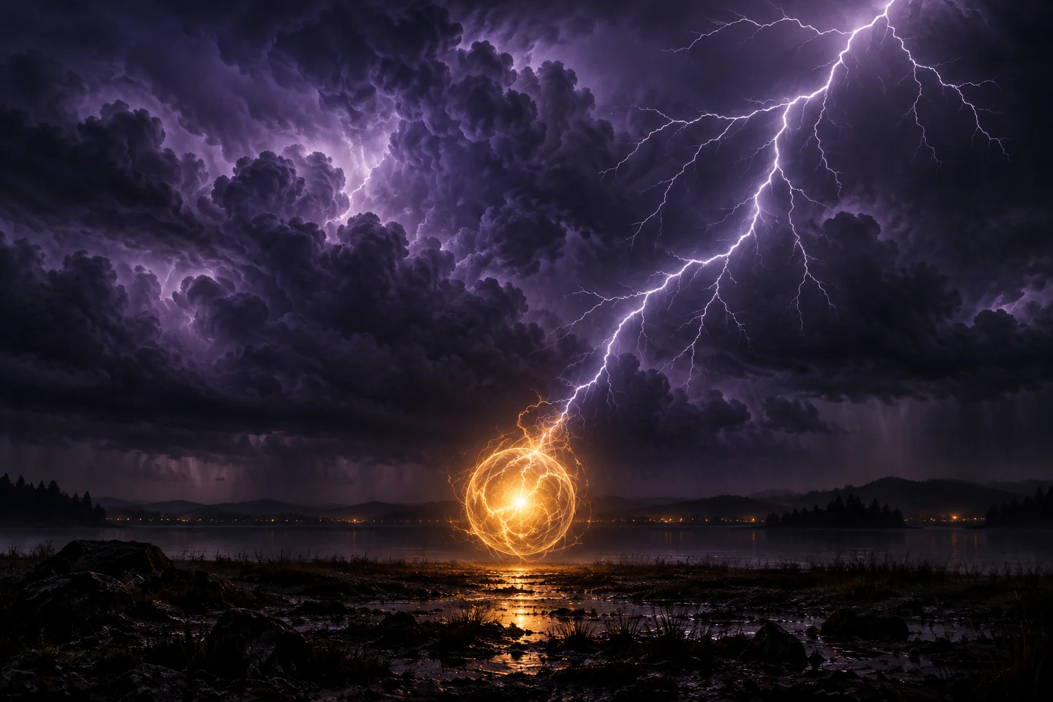 An illustration of a luminous ball beneath a lightning storm